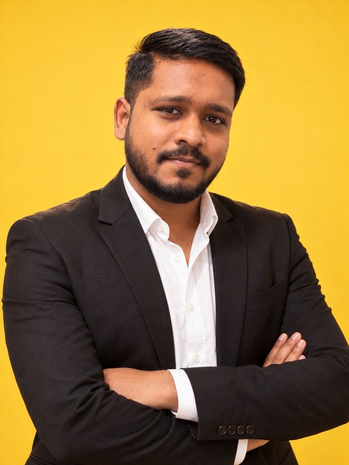 Mohammad Danyal, founder of OPENDOTT. Yellow studio portrait